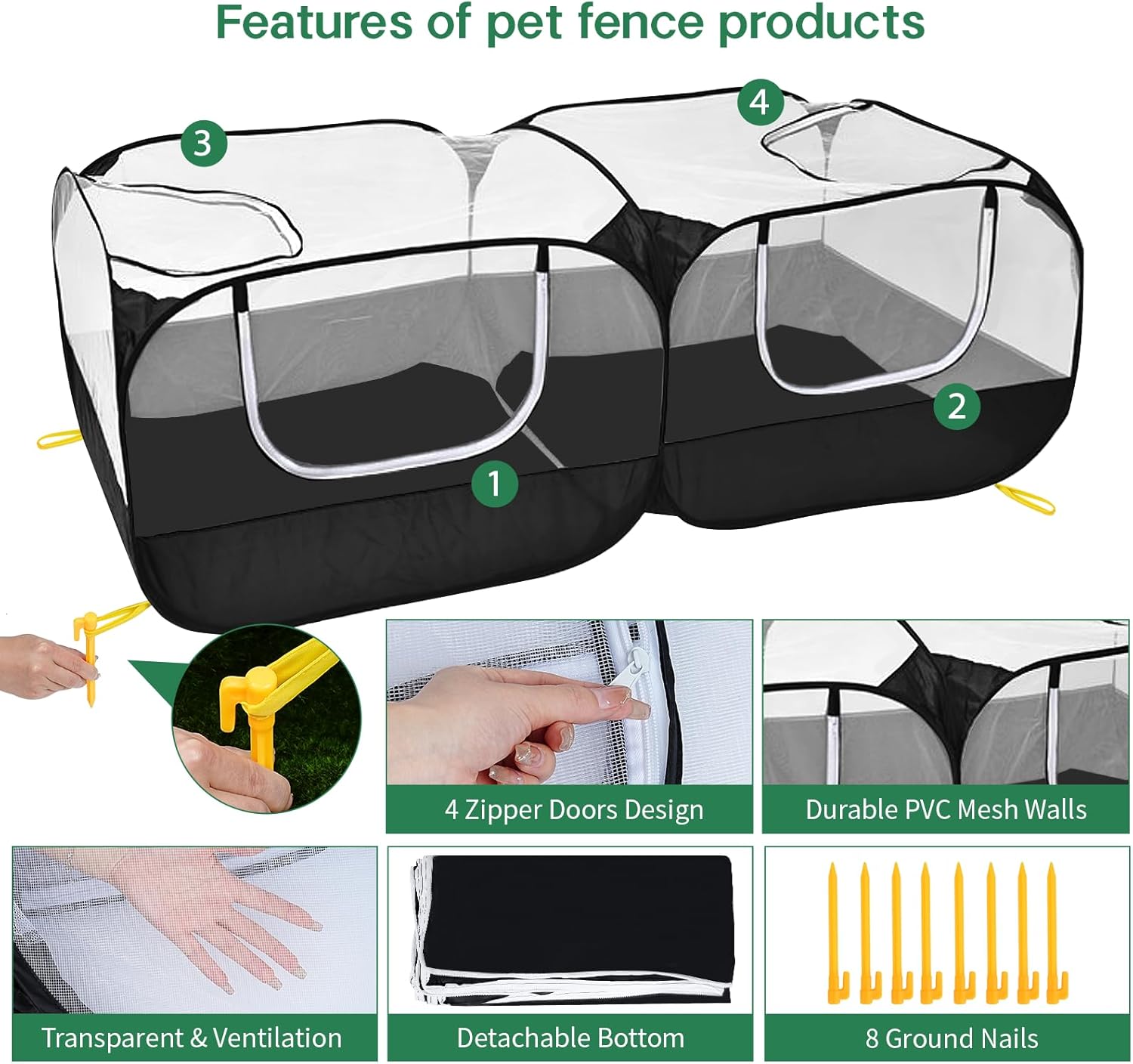 Jhua Pet Playpen for Small Animals, Portable Chicken Run with Detachable Bottom and Cover, Foldable Chicken Coop Indoor Outdoor Pet Pen with Transparent Mesh Walls for Chicken Duck Puppy Cat Rabbit - Image 4