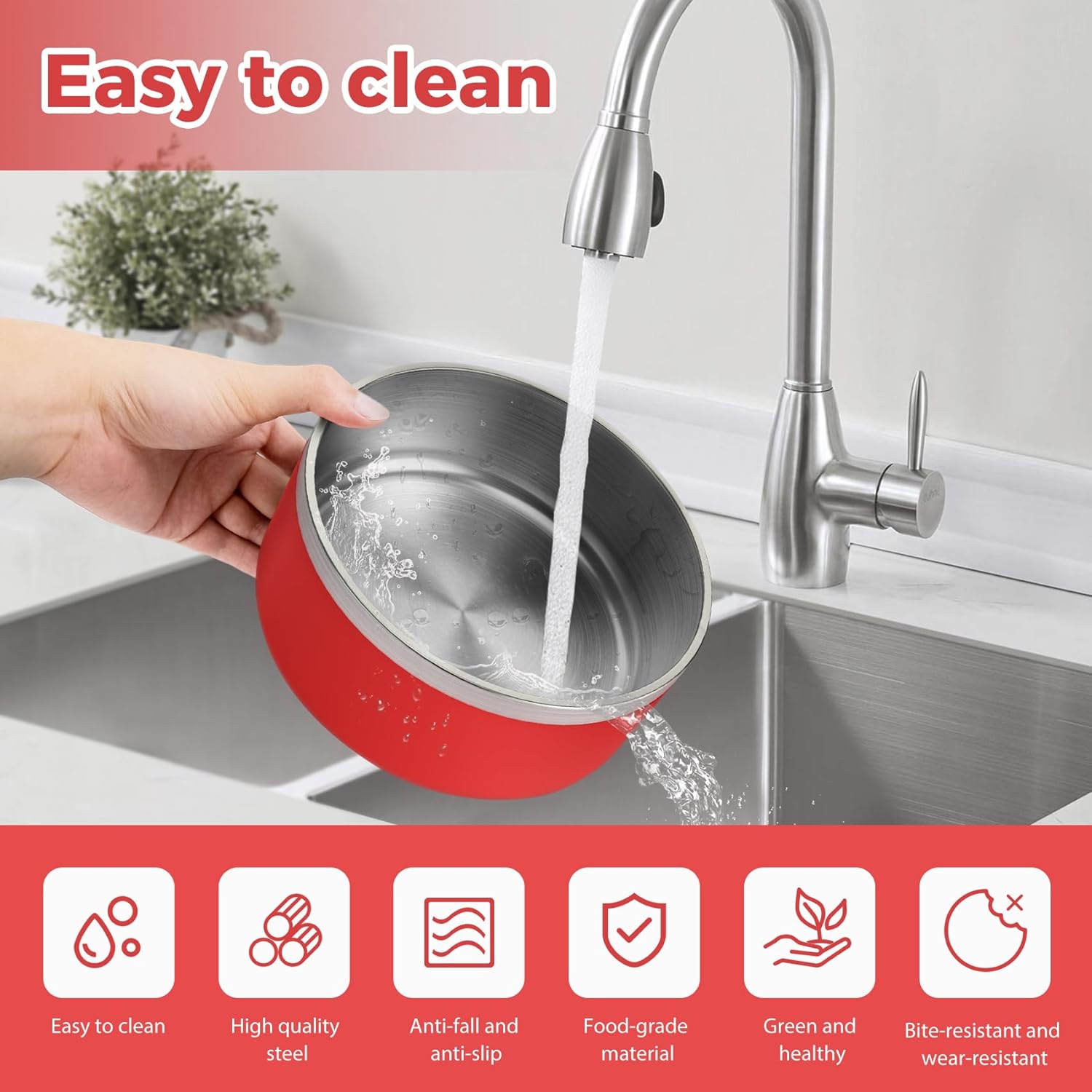 Stainless Steel Dog Bowl, Metal Water and Food Dish for Large Dogs, Insulated Non-Slip Pet Bowl, Easy Clean, 40oz, Red - Image 5