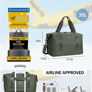 ECOHUB Spirit Airlines Personal Item Bag – 18x14x8 Underseat Underseat Carry on Luggage with Removable Wet Bag, Travel Duffel for Women, 30L (Army Green)