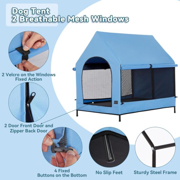 PETSFIT Dog House Outdoor, Upgraded Dog Shelter with Weatherproof PVC Canopy, Breathable Mesh Windows and Sunshades, Elevated Dog Bed with Protable Carring Case (Blue) - Image 3