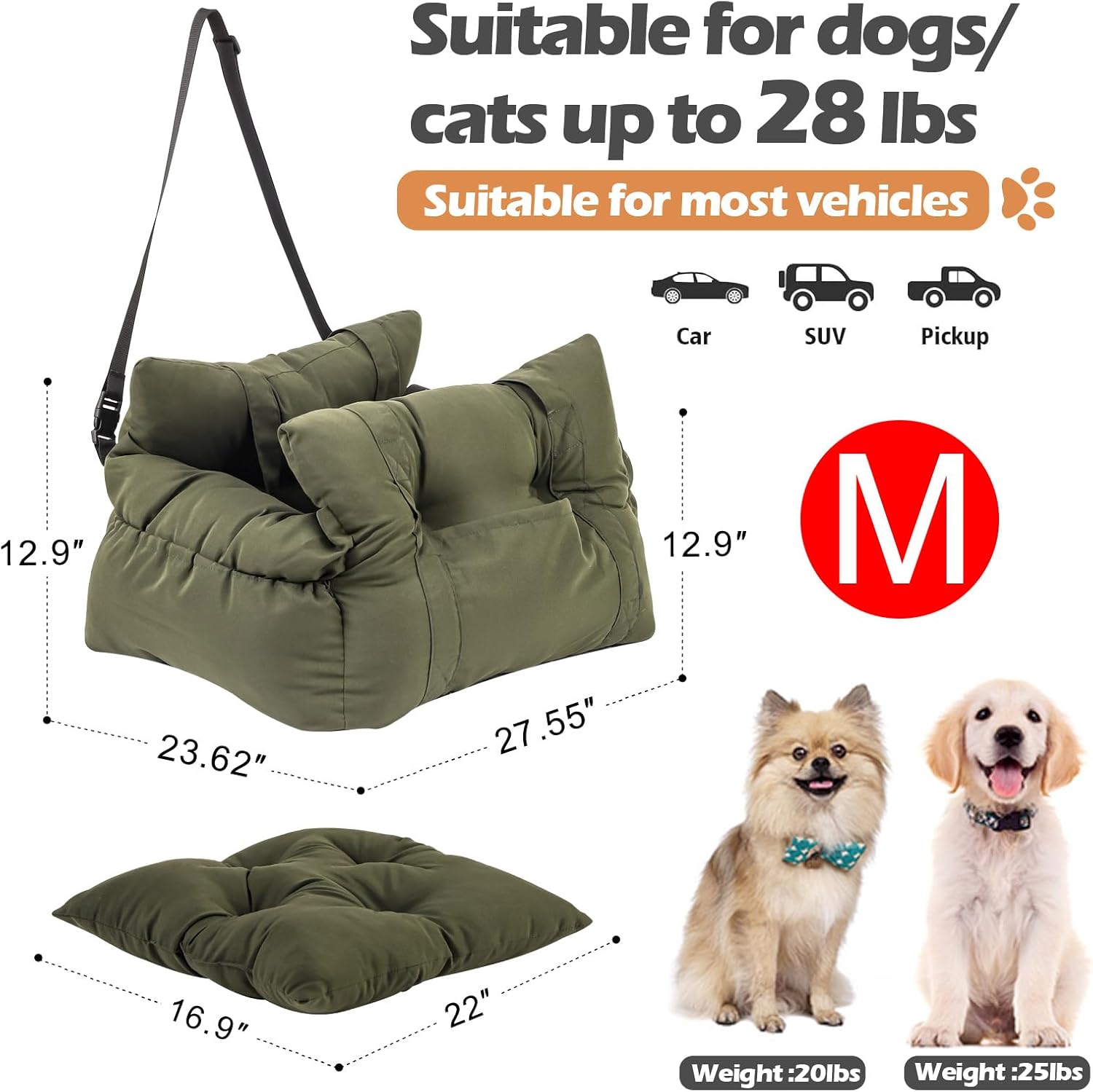 Medium Dog Car Seat Up to 28lbs - Pet Travel Bed Booster with Storage, Safety Tether, Anti-Slip Bottom for Cars(Green) - Image 2