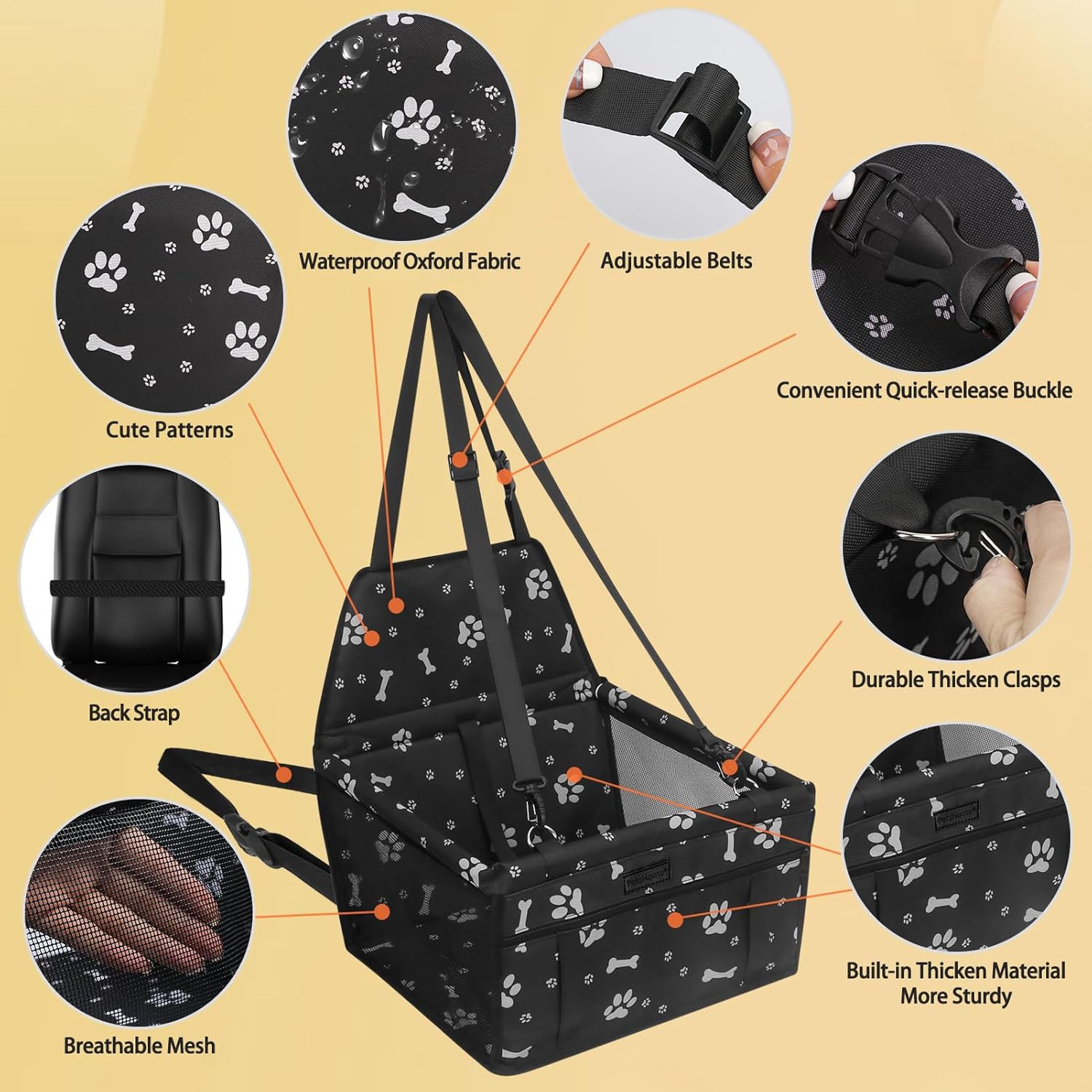 PetsHome Dog Car Seat, Foldable Dog Car Booster Seat Waterproof Breathable Oxford Travel Bag for Small to Medium Dogs, Puppies, and Pets-Pattern Black - Image 3