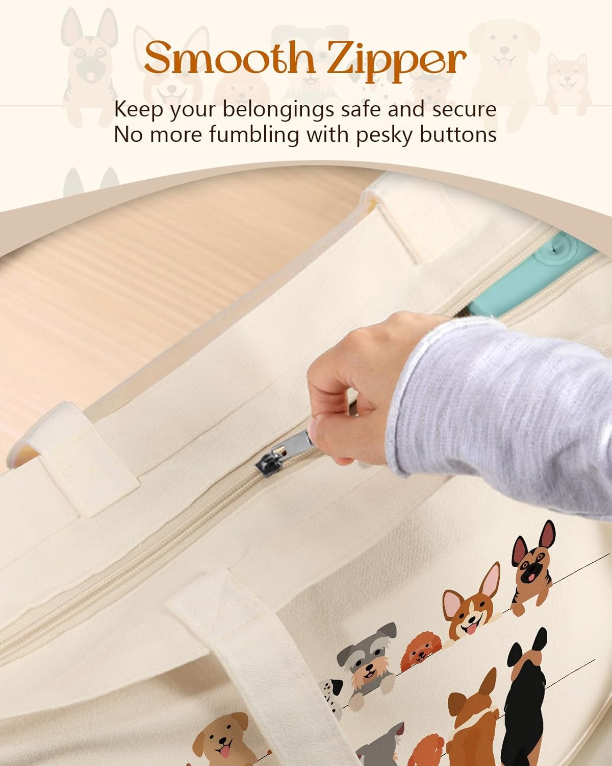 Canvas Tote Bag for Women – Aesthetic Canvas Bag with Zipper Cute Stylish Reusable Shoulder Totes for Shopping Work Daily Vacation, Multi Puppies - Image 4