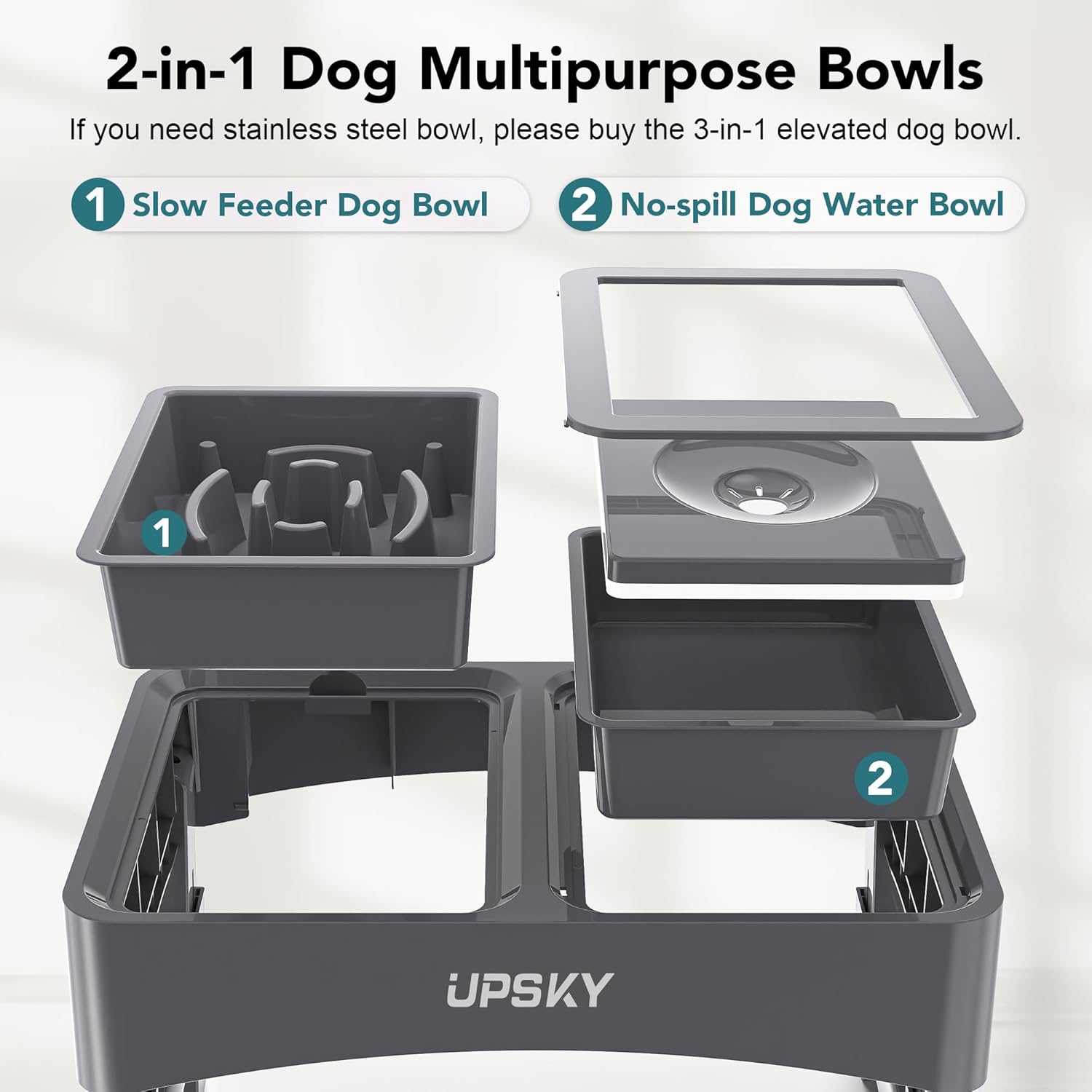 UPSKY 2-in-1 Elevated Dog Bowls Slow Feeder, 4 Height Adjustable Raised Bowl Stand, No Spill Dog Water Bowls, Anti-Slip Food and Water Bowls for Small Medium Dogs(Not Include Stainless Steel Bowl) - Image 3