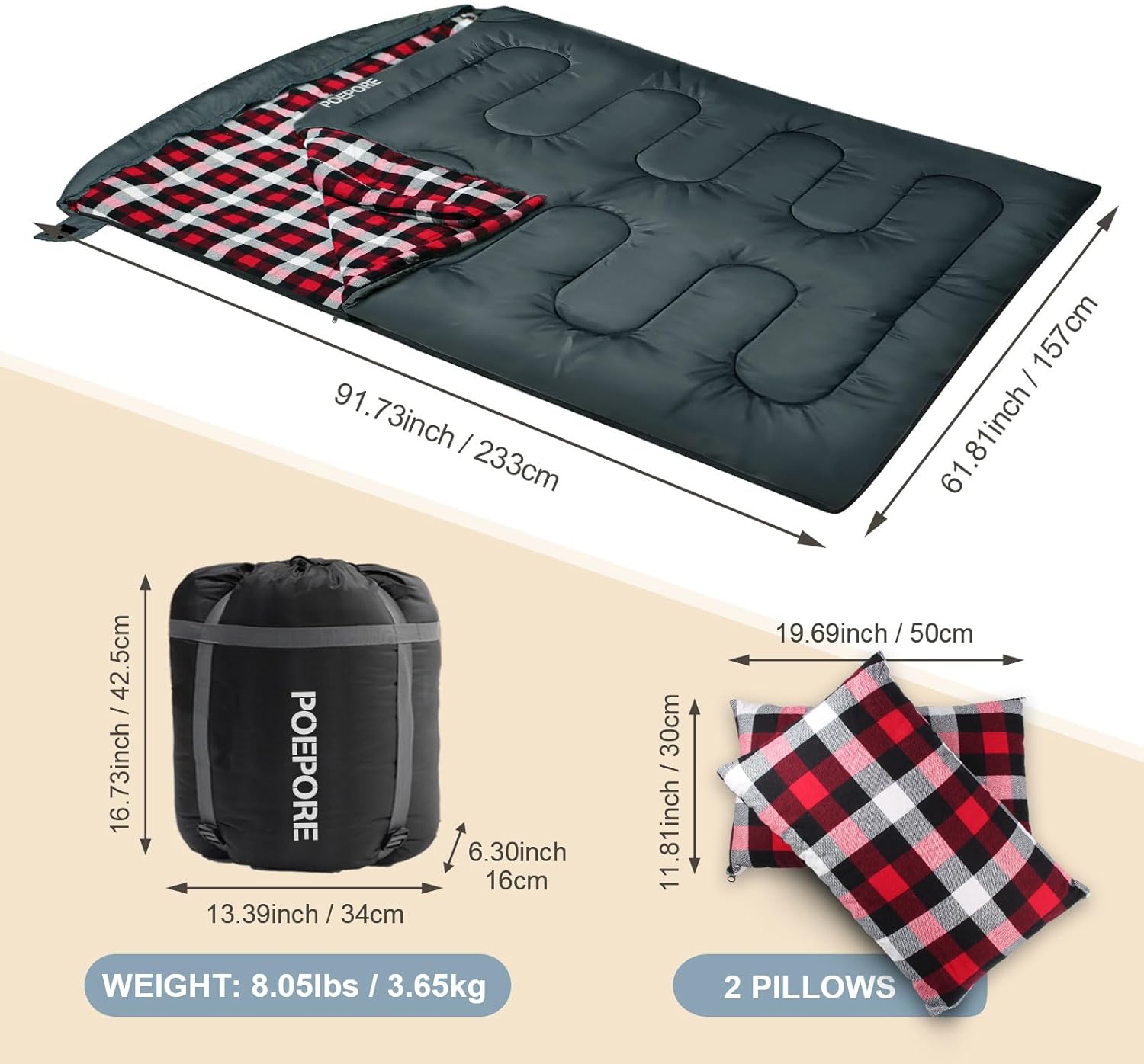 Double Sleeping Bag Flannel for Adults with 2 Pillows 2 Person Sleeping Bags Camping XXL Queen Size Two Person Sleeping Bag for Cold Weather - Image 2