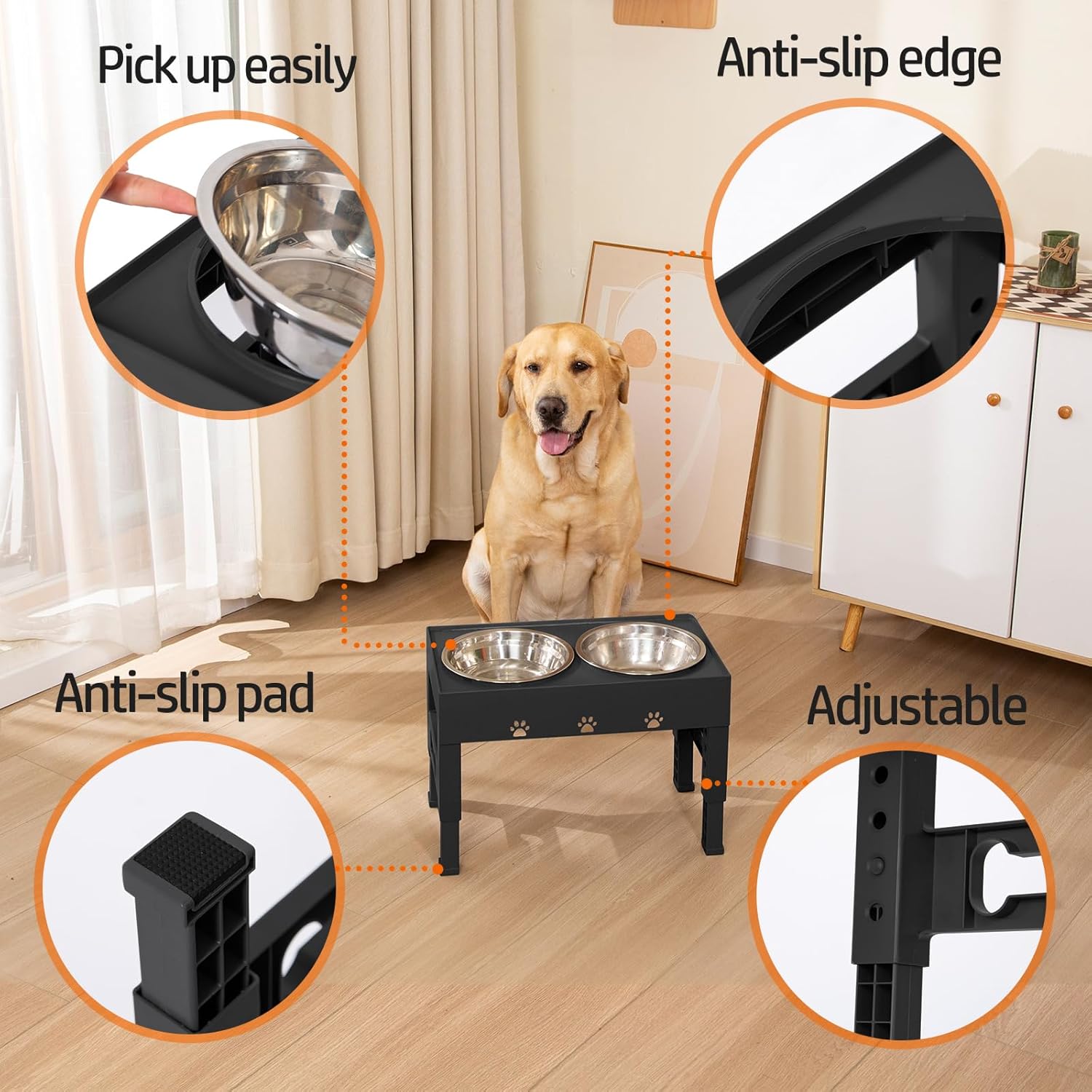 Elevated Dog Bowls with 2 Stainless Steel Bowls, Raised Dog Food Bowl Stand 5 Height Adjustable (3.1", 9", 10", 11", 12") Non-Slip Feeder Station Set for Medium and Large Dogs - Black - Image 3