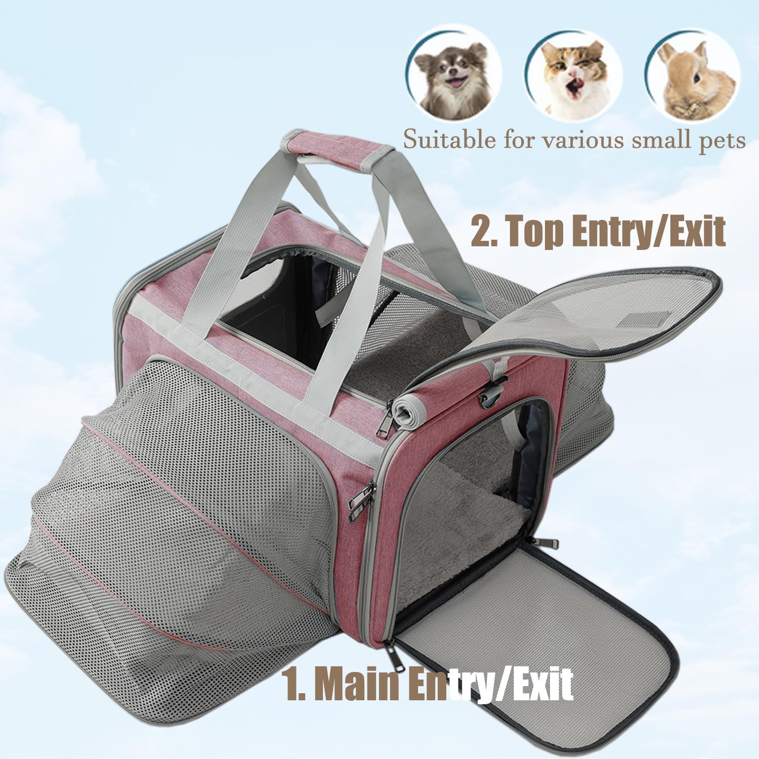 Pink Cats Carriers Soft Small Dog Carrier Airline Approved Pet Carrier 2 Softsides Expandable for Small Dogs Puppy Kitties Rabbit Bunny Carriers Bag Small Animals Travel Outdoor Carry Kennel - Image 3