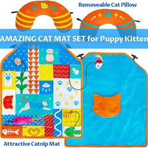 2-in-1 Cat Mat with Pillow for Small Medium Large Cats,Cute Cat Catnip Toys,Soft Plush Crinkle Toys for Kitten Sleeping Snuffing Playing,Machine Washable Pet Cushion Pad Mat Cat Gifts