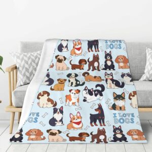 Kids Dogs Print Blanket Throw 60"x50", Plush Flannel Blankets with Dogs On It, Soft Warm Decorative for Kids Women Dog Lovers