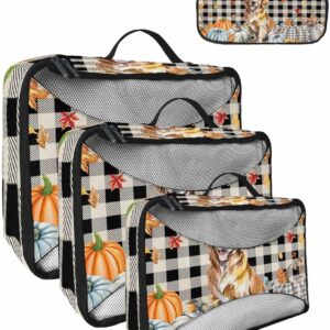 Pet Golden Retriever Dog Pumpkins 4 Set Packing Cubes, Autumn Leaves Packing Cubes for Carry on Suitcase Travel Essential Bag for Clothes Shoes Cosmetics Toiletry