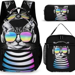 Backpack Lightweight Sunglasses Earphone Pet Animal Dj Cat Black Bookbag with Lunch Box Storage Bags Backpack Set Daypack with Lunch Bag and Cosmetic Bag