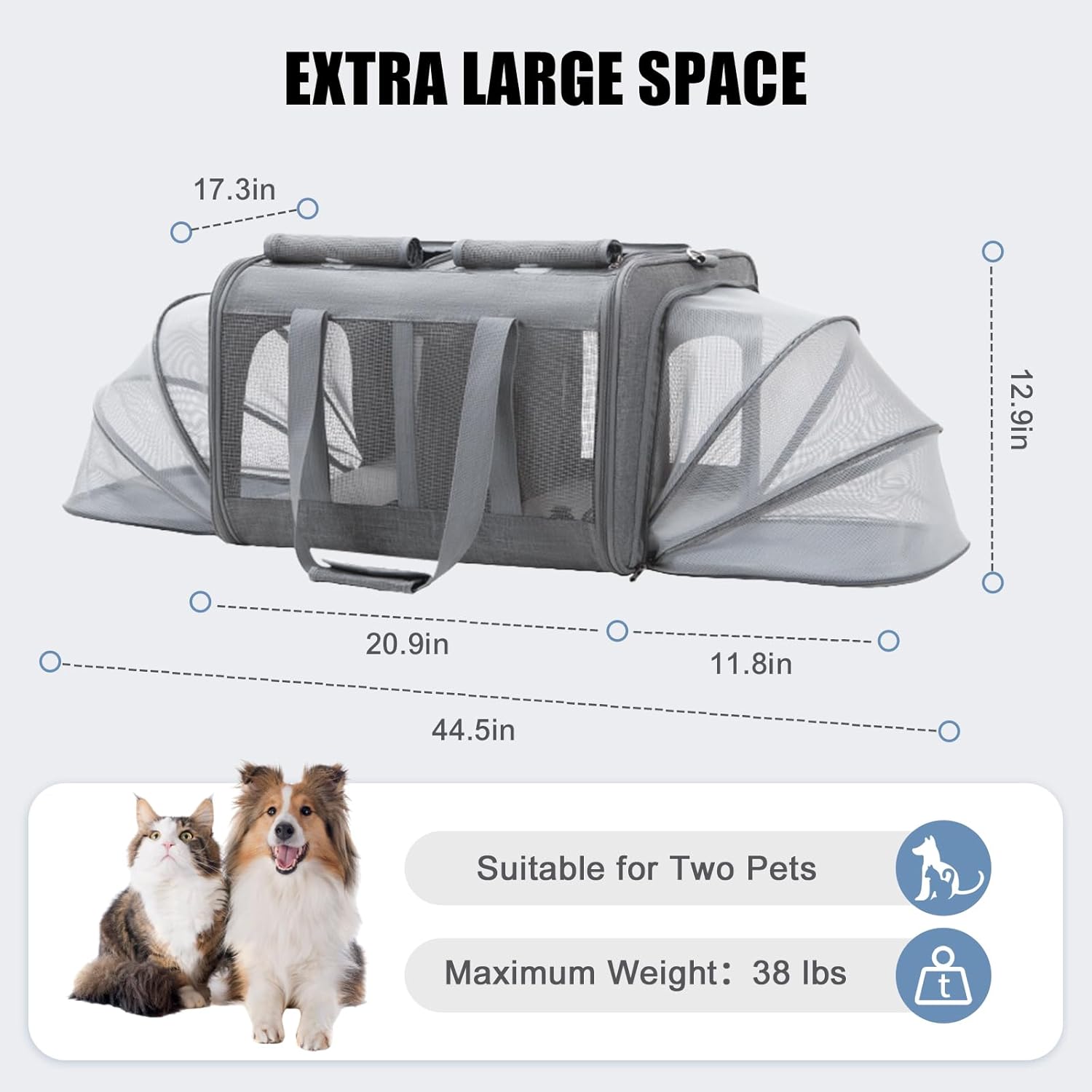 Cat Carrier for 2 Cats, Expandable Extra Large Carrier Foldable Double Cat Carriers with Compartments Multi Two Pet Carriers Soft Dual Car Carrier for Cats for Outdoor Travel Up to 38 lbs (Gray) - Image 3