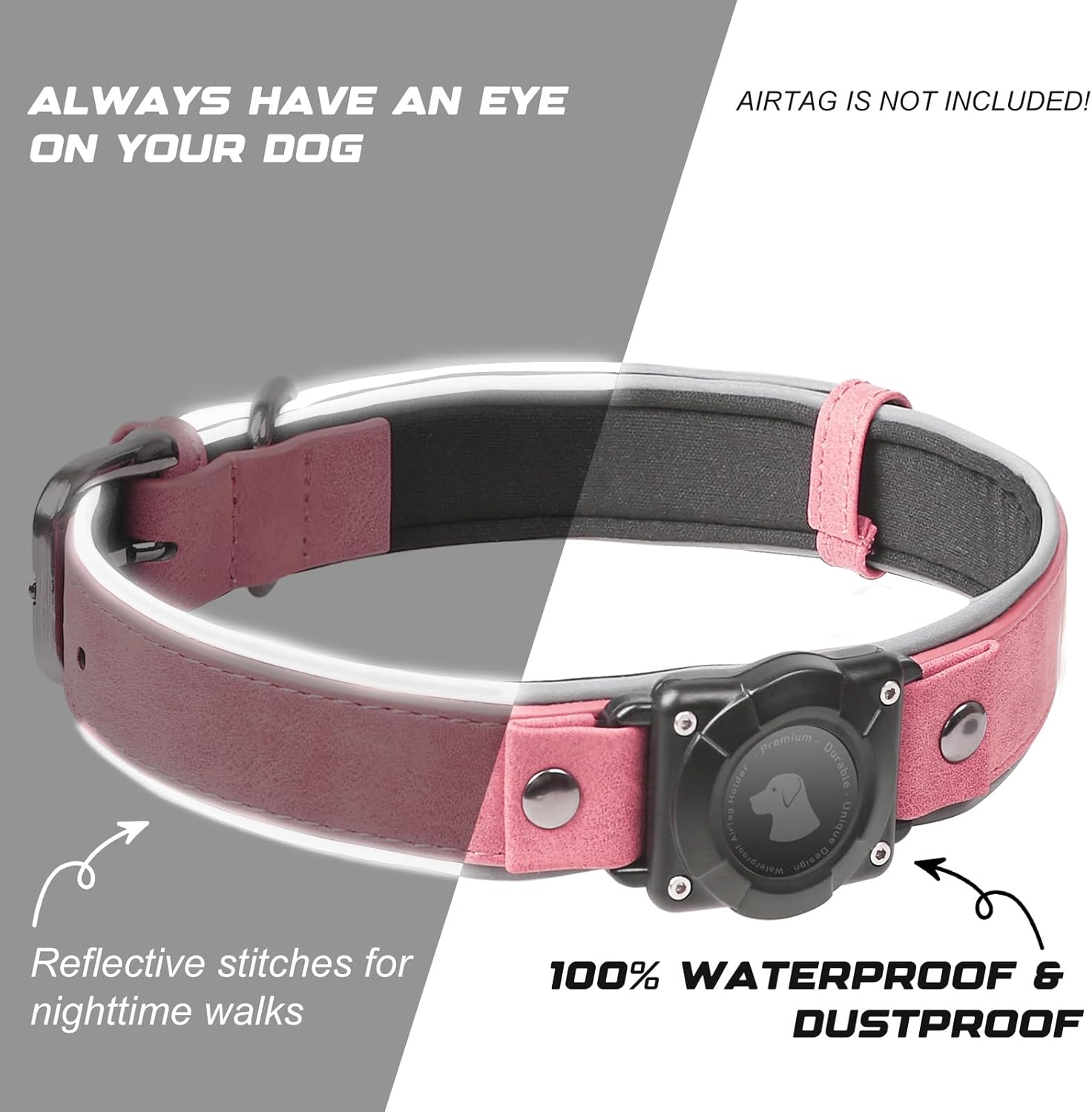 AirTag Dog Collar - Leather Dog Collar with Air Tag Holder | IPX8 Waterproof, Reflective, High - End, Adjustable Soft Padded | Dog GPS Tracker Collars Fit for Medium Large Dogs (Pink, L) - Image 4