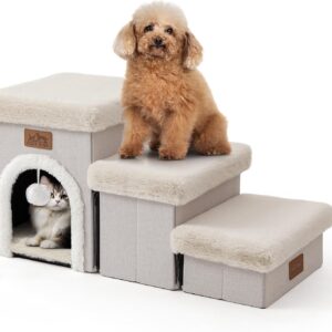 Dog Stairs for Small Dogs with Storage and Condo, 14" H Foldable Pet Stairs for Small Medium or Puppy Dogs and Older Cats, Dog Steps for Bed or Couch, 13x27x14 inch, 3 Tiers, Beige
