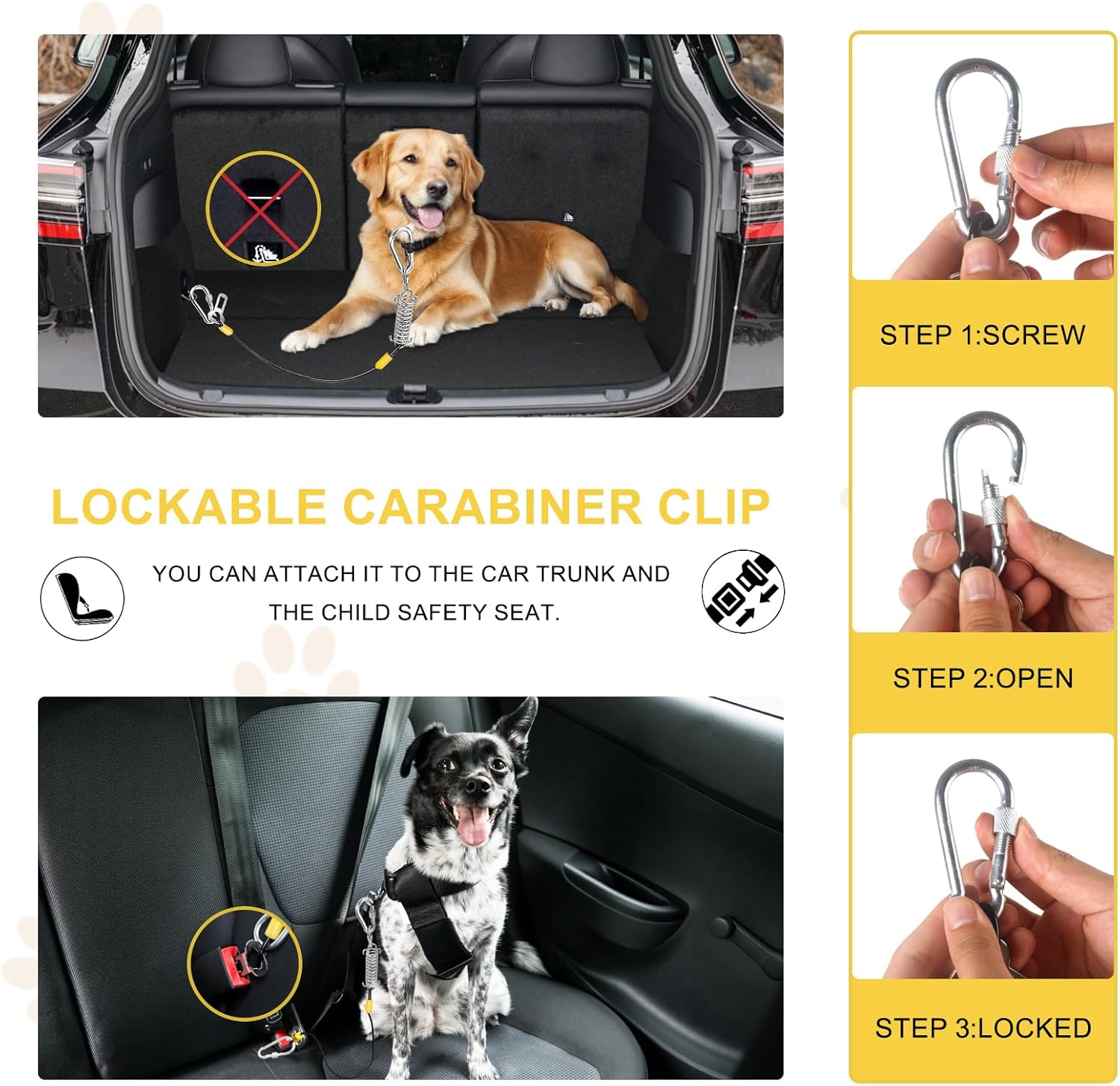 Dog Seat Belt Harness for Car, 5-in-1 Coated Wire Dog Seatbelt, HYLIYAKI Shock Spring-Loaded No Chew Pet Dog Car Seatbelt Leash, with Removable Reflective Short Leash(Black, 24 inch/60 CM) - Image 3