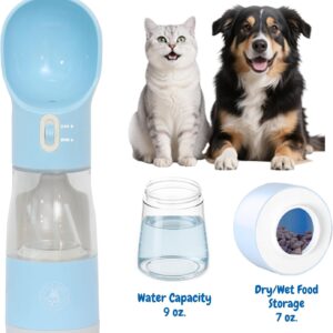 All-in-One Portable Dog Water Bottle, Food Dispenser, Poop Bag Dispenser, Dry/Wet Food Container 7 oz., Travel Water Bottle 9oz., 2 Poop Bags Included, Food Grade Plastic, Leak Proof-Blue Color