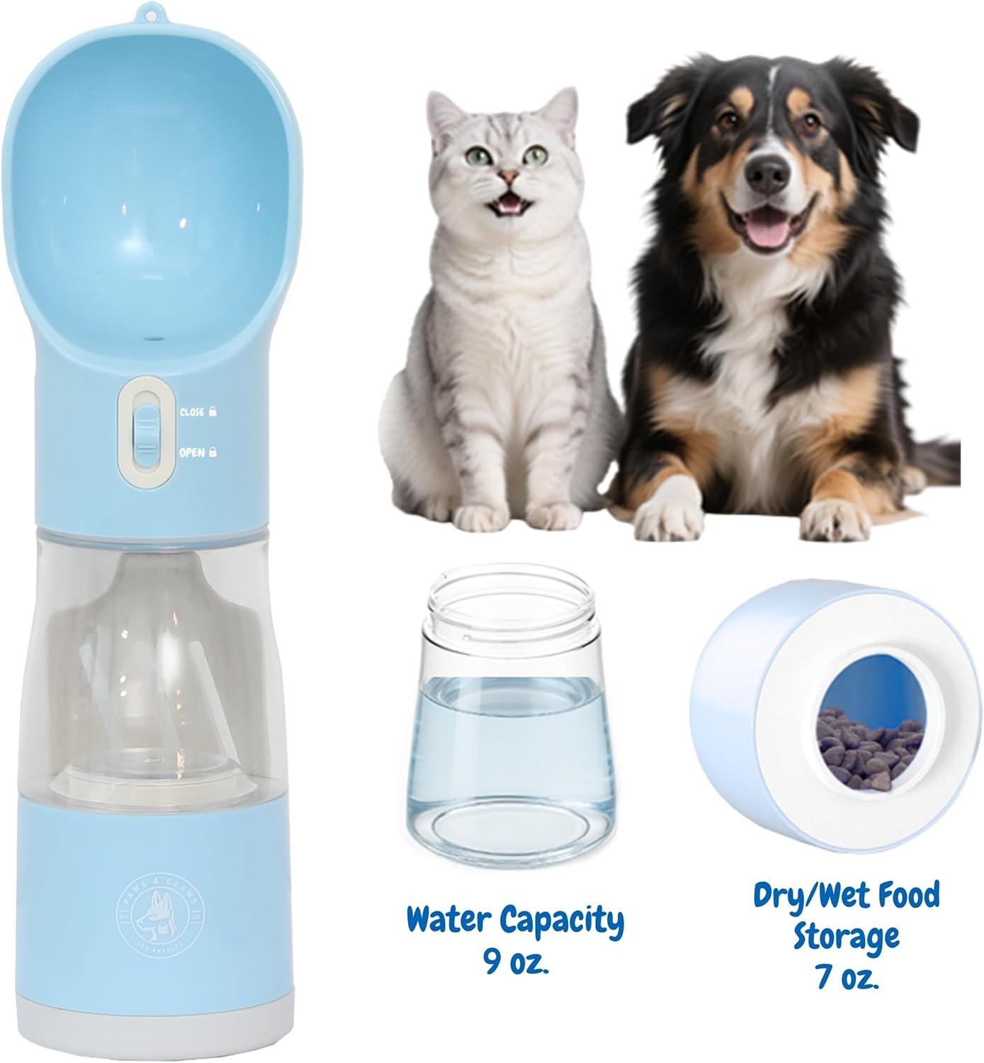 All-in-One Portable Dog Water Bottle, Food Dispenser, Poop Bag Dispenser, Dry/Wet Food Container 7 oz., Travel Water Bottle 9oz., 2 Poop Bags Included, Food Grade Plastic, Leak Proof-Blue Color - Image 2