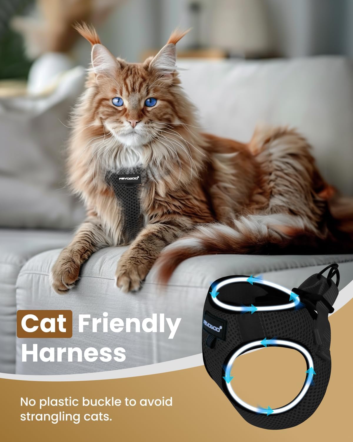FAYOGOO Cat Harness and Leash Set | Upgrade Step-in Escape Proof Harness | Lightweight Soft Vest, No-Choke Design for Walking, Travel, Camping (Black) - Image 3