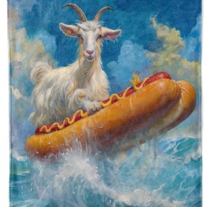 Surfer Goat Blanket - Soft, Cozy, Lightweight, Warm & Fuzzy Flannel Throw Blankets, Playful Goat Riding a Hot Dog, Perfect for Living Room, Bed, Travel & Couch - for Men Women Adults 60"×50"