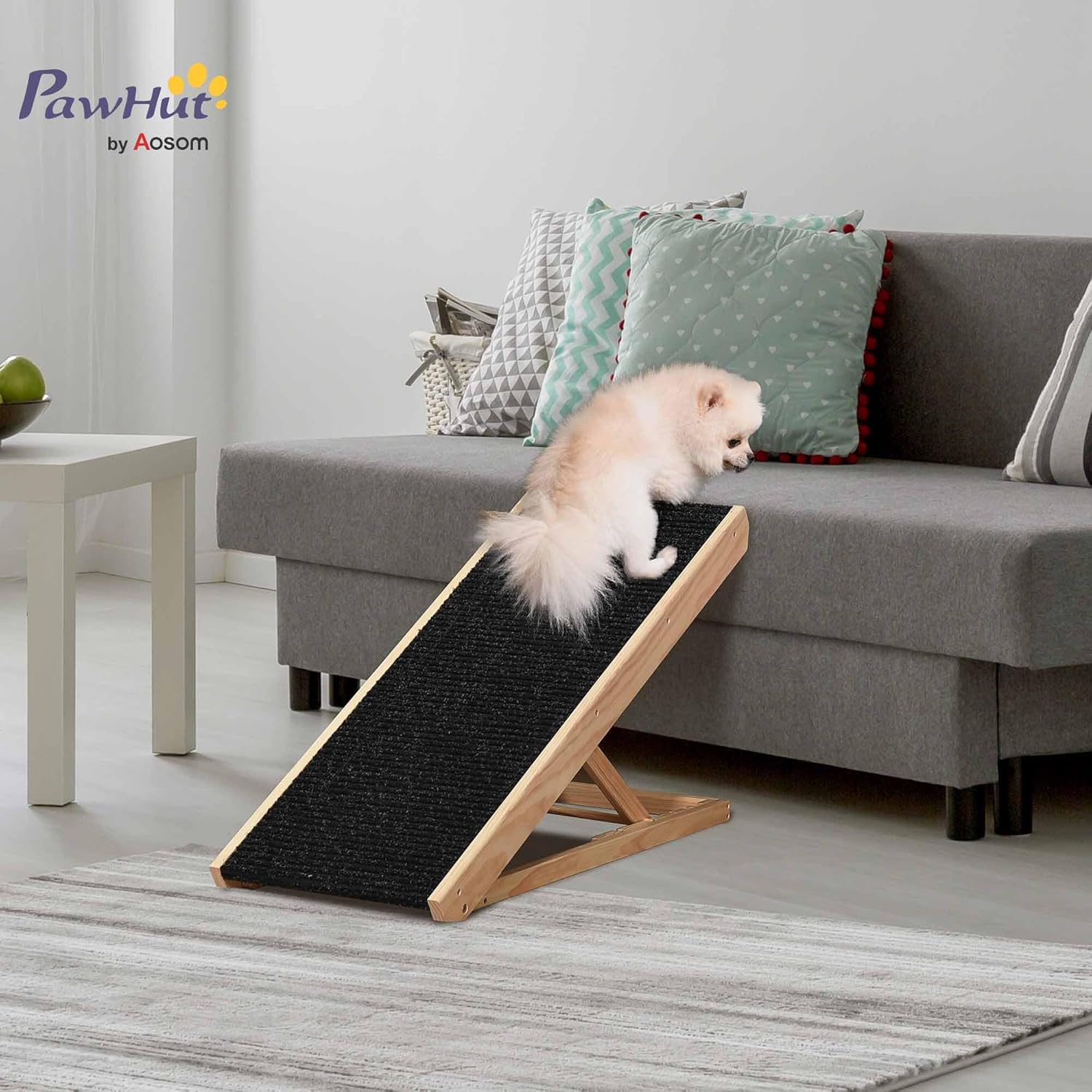 PawHut Elevated Dog Ramp for Bed, Foldable and Height Adjustable Pet Ramp for Cats with Non-Slip Finish, Pine 35.5" L x 16" W x 24" H, Black - Image 2