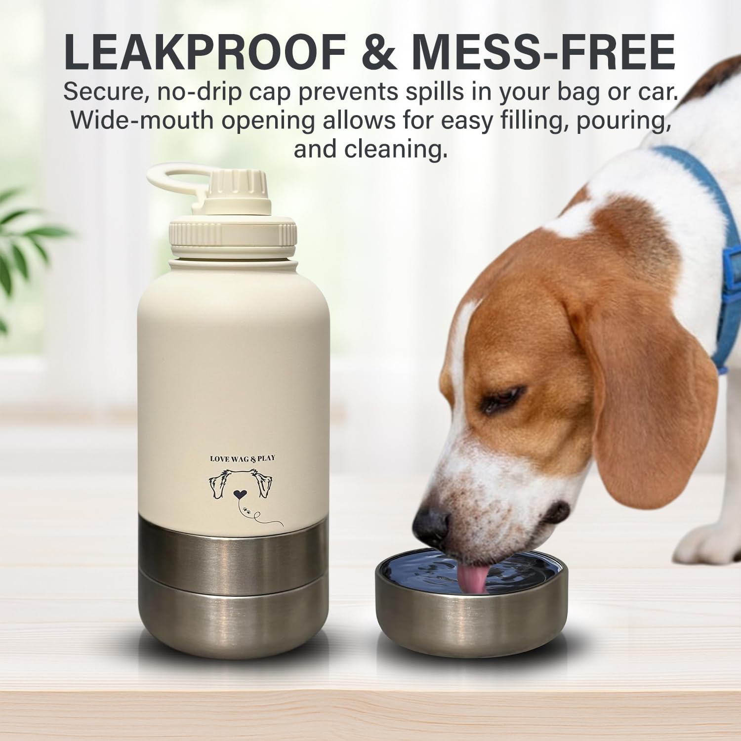 Love Wag & Play Dog Water Bottle Portable – 2 in 1 Stainless Steel Bowl for Food, Water – Leakproof Portable Water Bowl for Dog with Carry Loop – Detachable Design – Ideal for Kibble, Treats – Beige - Image 4