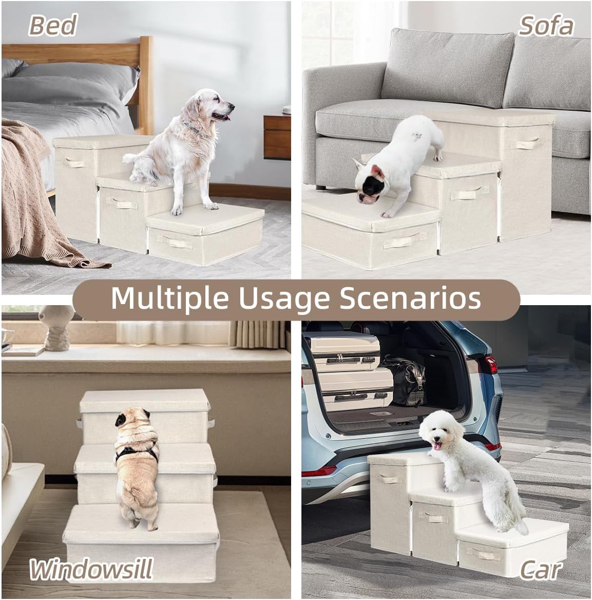 Pet Stairs with Storage, Pet Step for Small Dogs and Cats, 3-Step Folding Pet Steps with Zip, Cat Stairs Dog Steps for Bed, Couch and Car Ramp (Beige, 3 Steps no Condo) - Image 7