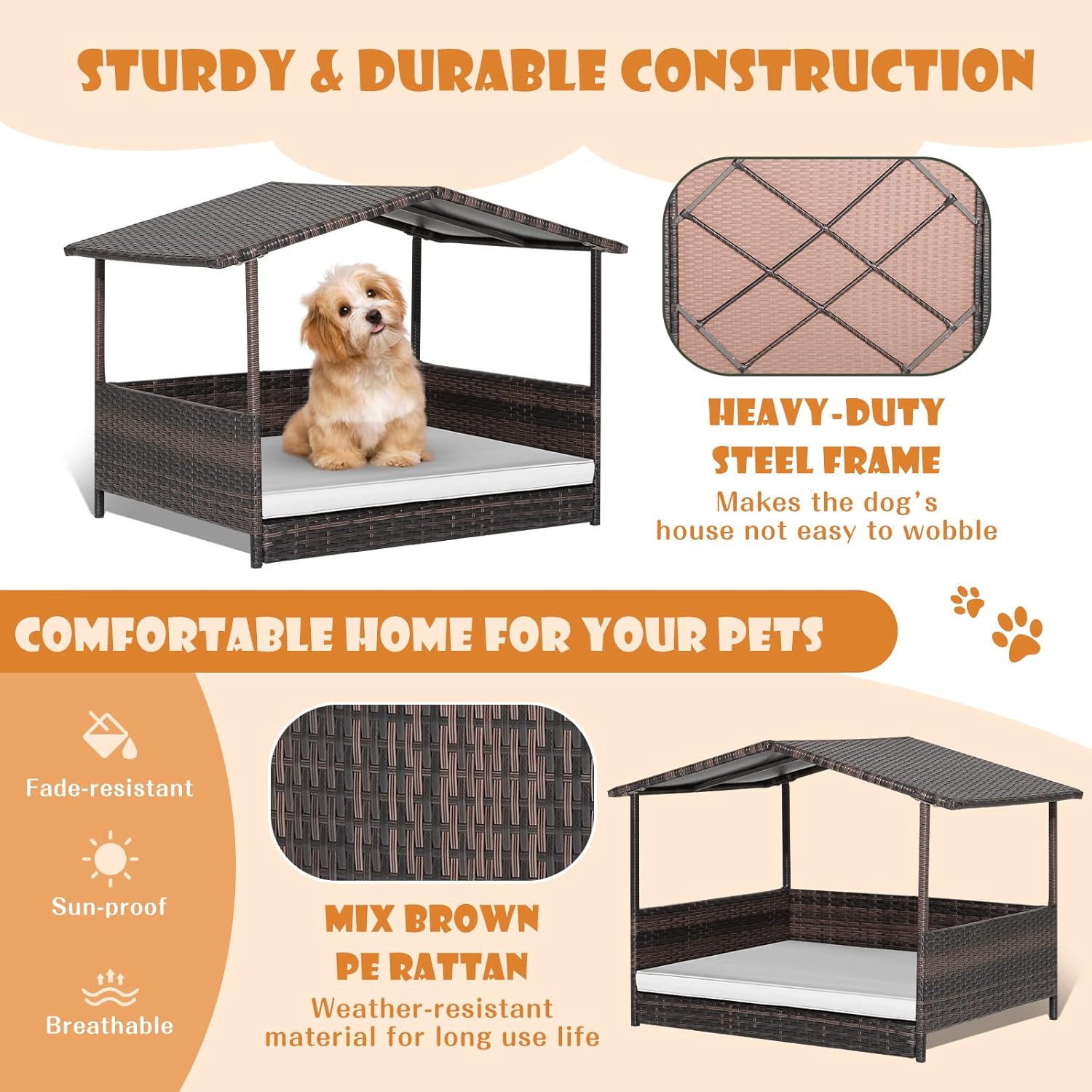 Giantex Wicker Dog House, Raised Rattan Dog Bed with Waterproof Roof, Washable Cushion Cover, Steel Frame, Indoor Outdoor Elevated Dog Bed Pet House for Small Medium Dogs Cats, Easy Assembly - Image 4