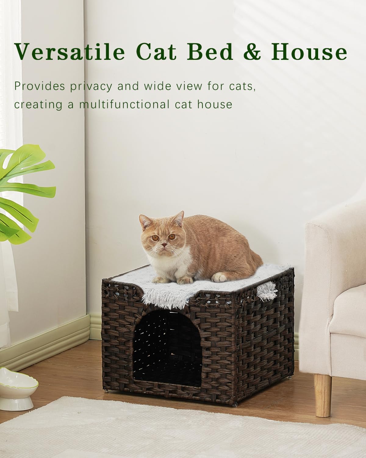 Cat Beds Indoor Kitten House, Handwoven Rattan Cat Cave Pet Cube, Large Cat Houses, One Bed Mat, Foldable, Hideaway, 16.5x16.5x13.2 Inches, 2 S-Shaped Hooks in Living Room Bedroom Brown - Image 7