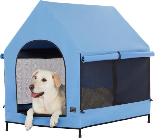 PETSFIT Dog House Outdoor, Upgraded Dog Shelter with Weatherproof PVC Canopy, Breathable Mesh Windows and Sunshades, Elevated Dog Bed with Protable Carring Case (Blue) - Image 8
