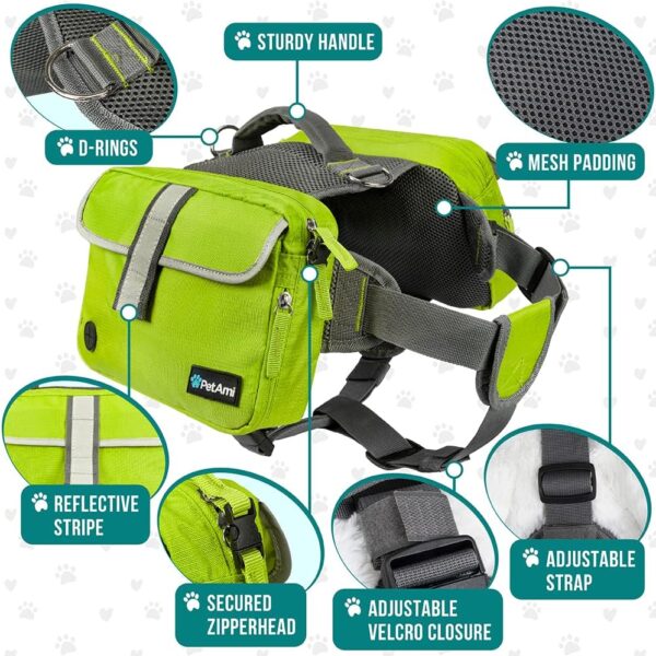 PetAmi Dog Backpack for Medium Large Dogs, Dog Saddle Bag for Dogs to Wear, Harness Saddlebag with Reflective Safety Side Pockets for Hiking, Camping, Vest Dog Pack for Travel (Green, Large) - Image 2