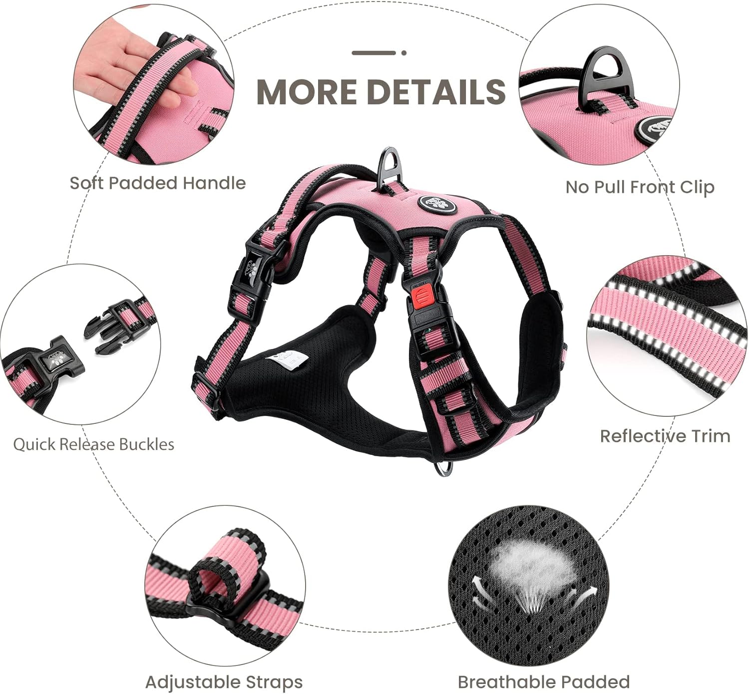FURRYFECTION XL No Pull Dog Harness, Reflective Vest, Adjustable, Soft Padded, Front Lead, Leash, Seat Belt, Pink - Image 6