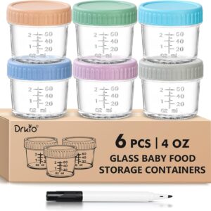 DRKIO 6 Pack Glass Baby Food Storage Containers - 4 Oz Baby Food Jars with Lids Baby Food Maker Microwave Dishwasher Freezer Safe 100% Leak Proof BPA Free Reusable