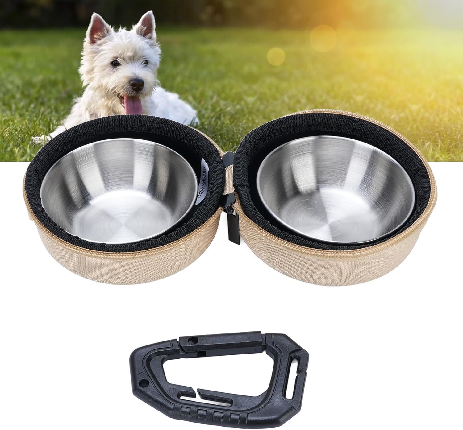 Stainless Steel Dog Bowls with Storage Bag, Lightweight Foldable Pet Feeder Bowl Set Ideal for Camping Traveling Hiking 9cm Diameter (Khaki) - Image 2