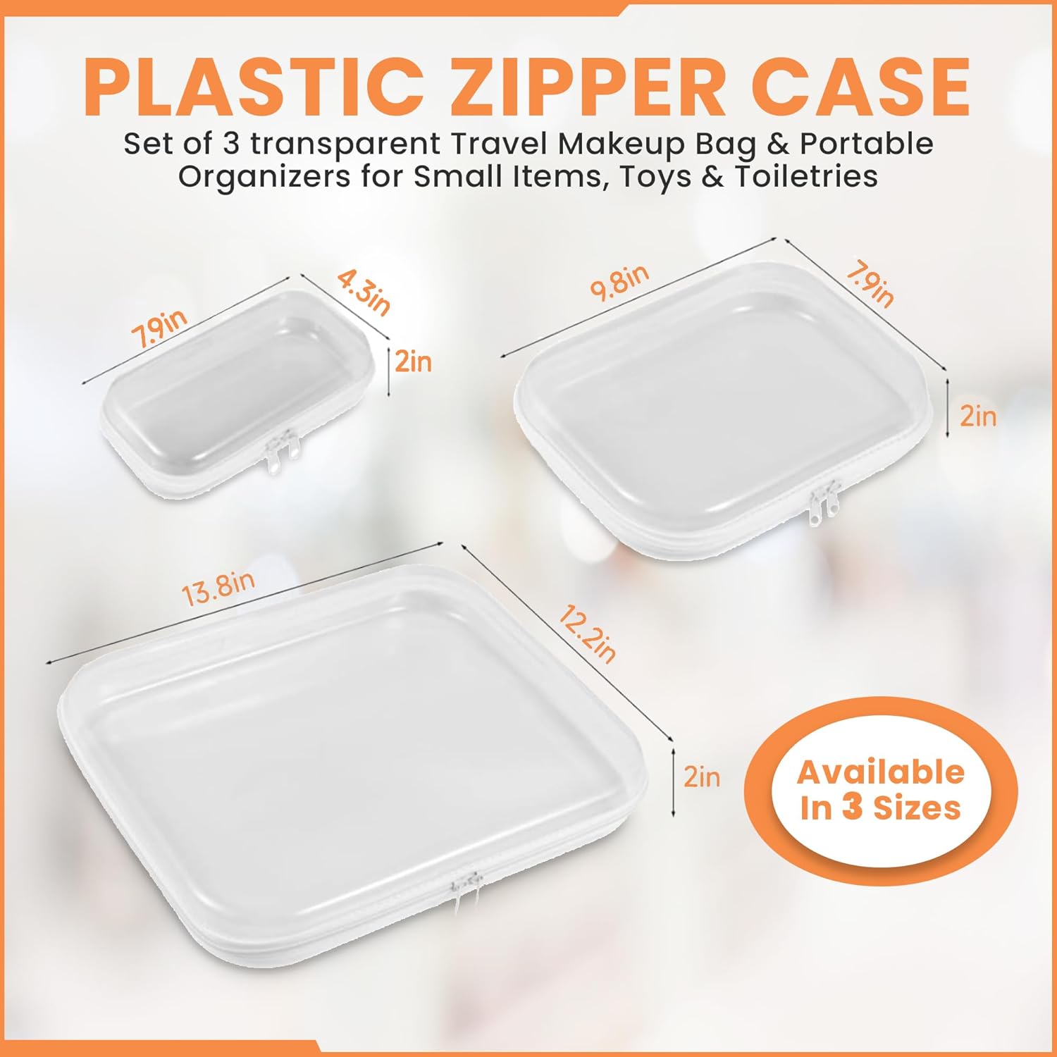 Hard Shell Zipper Case 3-Pack; Bliss Plastic Bins for Organizing Small Items, Toiletries & Toys, Transparent Travel Makeup Bags & Portable Organizers. - Image 3