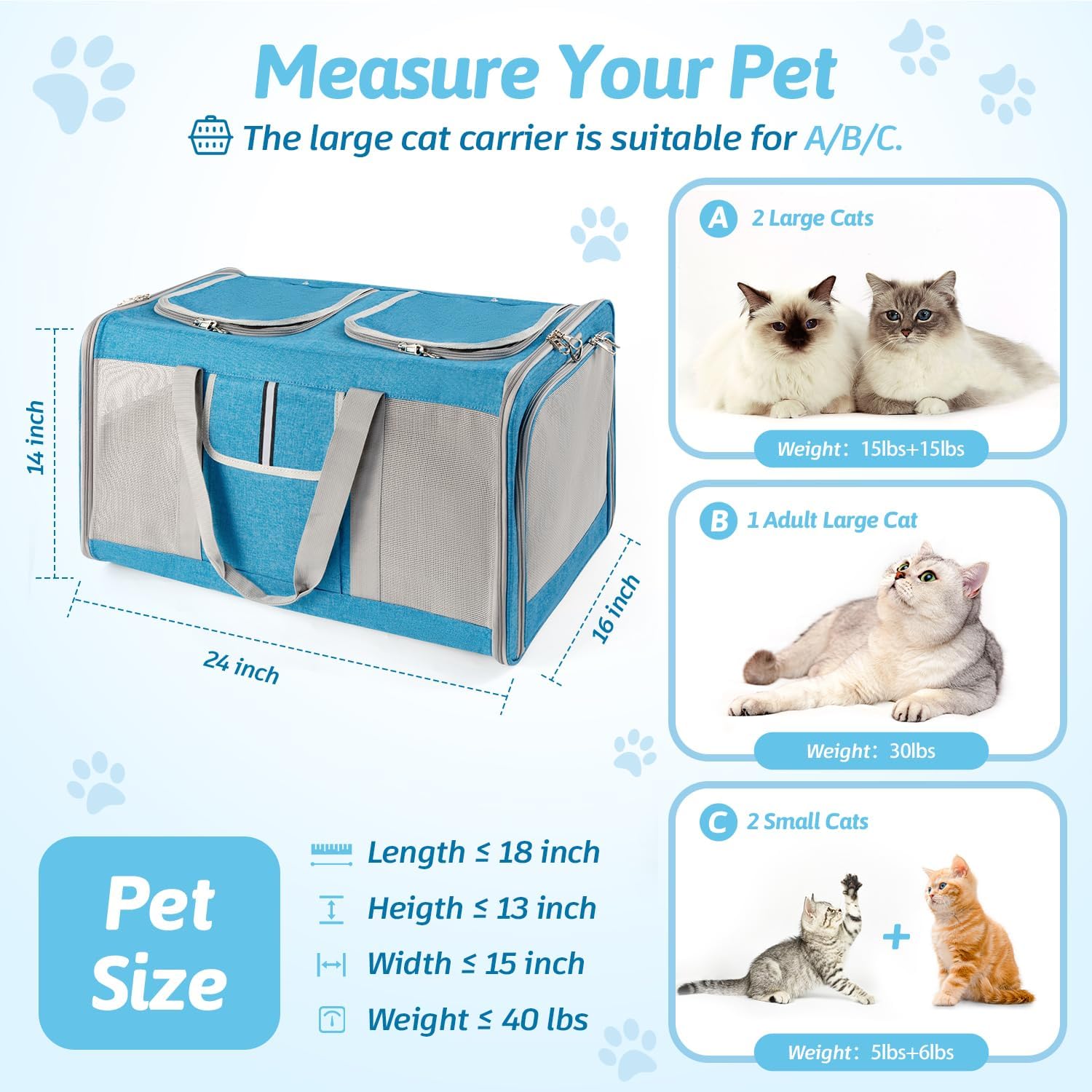 Large Cat Carrier for 2 Cats, 24x 14x 16in Pet Carrier for Cat and Dog Up to 40lbs, All-Sided Mesh Large Cat Carrier with Great Ventilation, Portable Soft Sided Pet Carrier for Traveling - Image 2