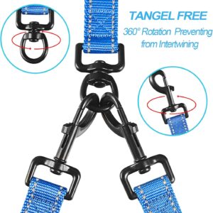 PetBonus Double Dog Leash, No Tangle Dual Leash, Reflective Walking Training Lead, 4 Comfortable Padded Handles for 2 Dogs with Collapsible Bowl and Waste Bags (Blue, Large)