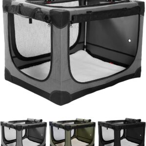 42 Inch Collapsible Travel Dog Crate for Medium Large Dogs, Portable Dog Crate 4-Door Foldable Soft Kennel with Durable Mesh Windows for Indoor & Outdoor Travel, with Storage Bag,Grey