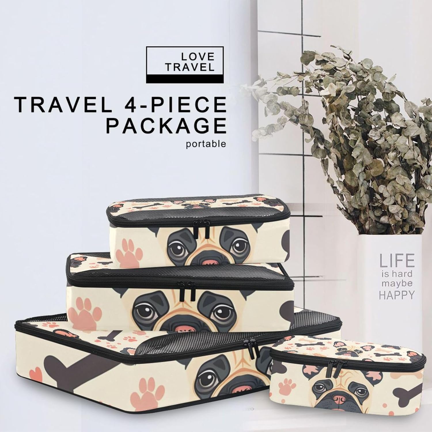 Packing Cubes for Travel 4 Set Dog Pug Pets Luggage Set Suitcase Organizer Bags Mesh Accessories Storage Pouch Toiletry Packing Cubes - Image 6