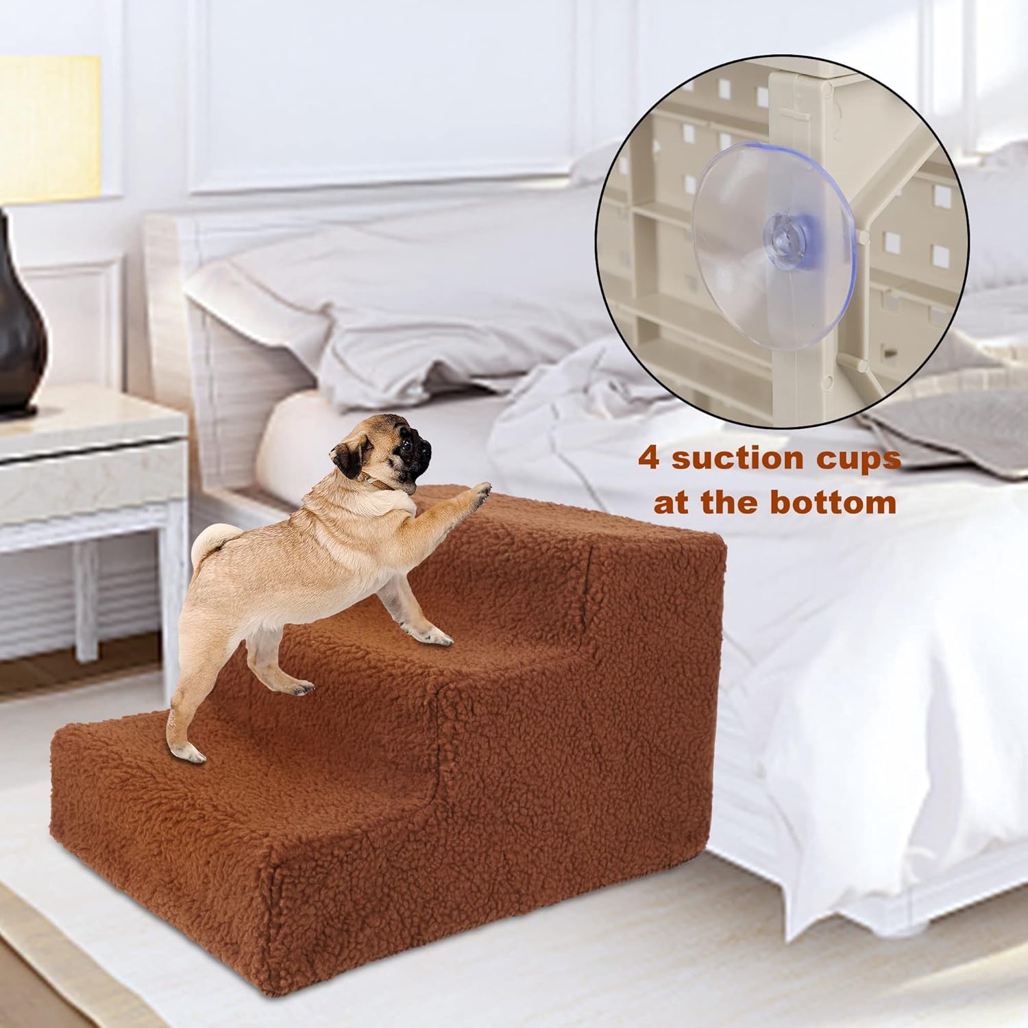 yofit Doggy Steps - Non-Slip 3 Steps Pet Stairs for Cats and Dogs, Foldable Plastic with Washable Carpet Holds Up to 50 lbs (Brown) - Image 5