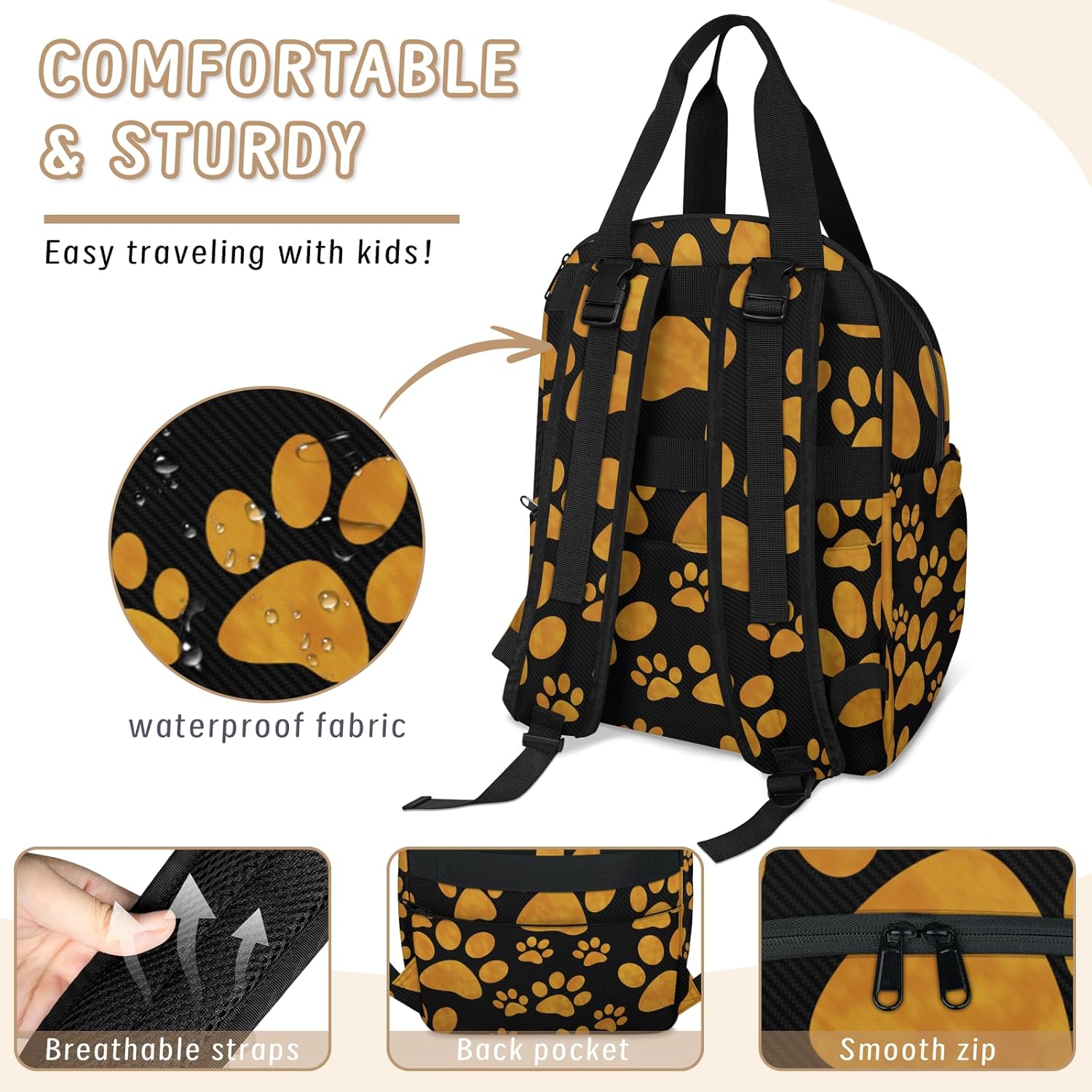 Animal Dog Paw Prints Diaper Bag Backpack Baby Essentials Travel Tote Bag with USB Charging Port Large Waterproof Moms Dads Backpack for Work Travel Holiday - Image 6