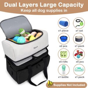 Mancro Dual Layers Dog Travel Bag, Pet Travel Bag with 2 Extra Large Food Containers, 2 Collapsible Dog Bowls, Multi-Pockets Tote Organizer for Pet Essentials for Dogs, Black