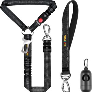 Dog Seat Belt Harness for Car, Dog Car Leash with Car Headrest & Buckle, Reflective Short Dog Leash, Pet 12 Inch Heavy Duty Leash for Dogs with Padded Handle & Locking Carabiner Clip, Black