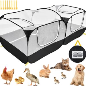 Jhua Pet Playpen for Small Animals, Portable Chicken Run with Detachable Bottom and Cover, Foldable Chicken Coop Indoor Outdoor Pet Pen with Transparent Mesh Walls for Chicken Duck Puppy Cat Rabbit