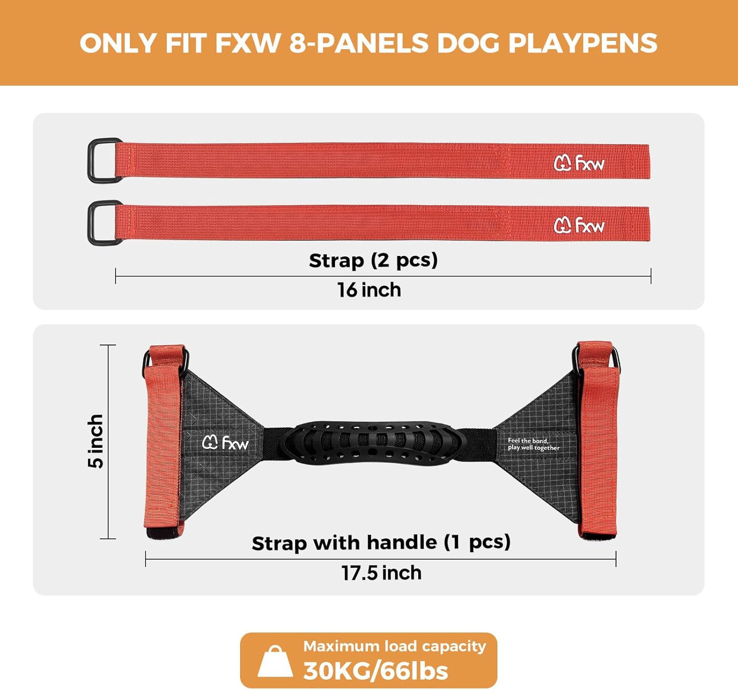 FXW Easy-Carry Straps, Fit 8-Panel of All Heights Dog Playpen, Designed for RV Trips, Orange│Patent Pending - Image 3