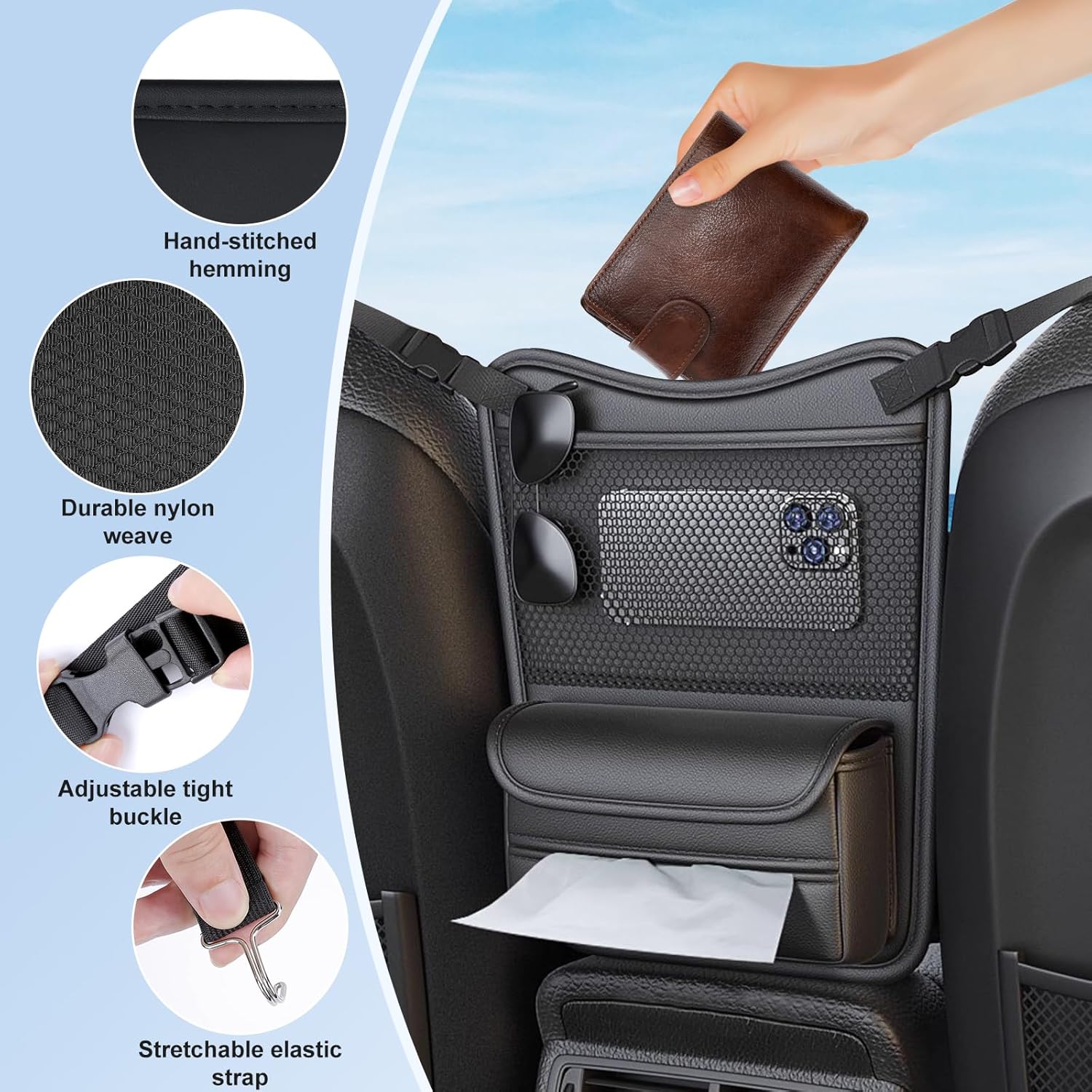 Car Organizer Storage Between Seats, Nappa Leather Headrest Hanging Storage Bag Pocket Purse Holder Snack Holder Automotive Console Organizer for Travel, Driving - Image 3