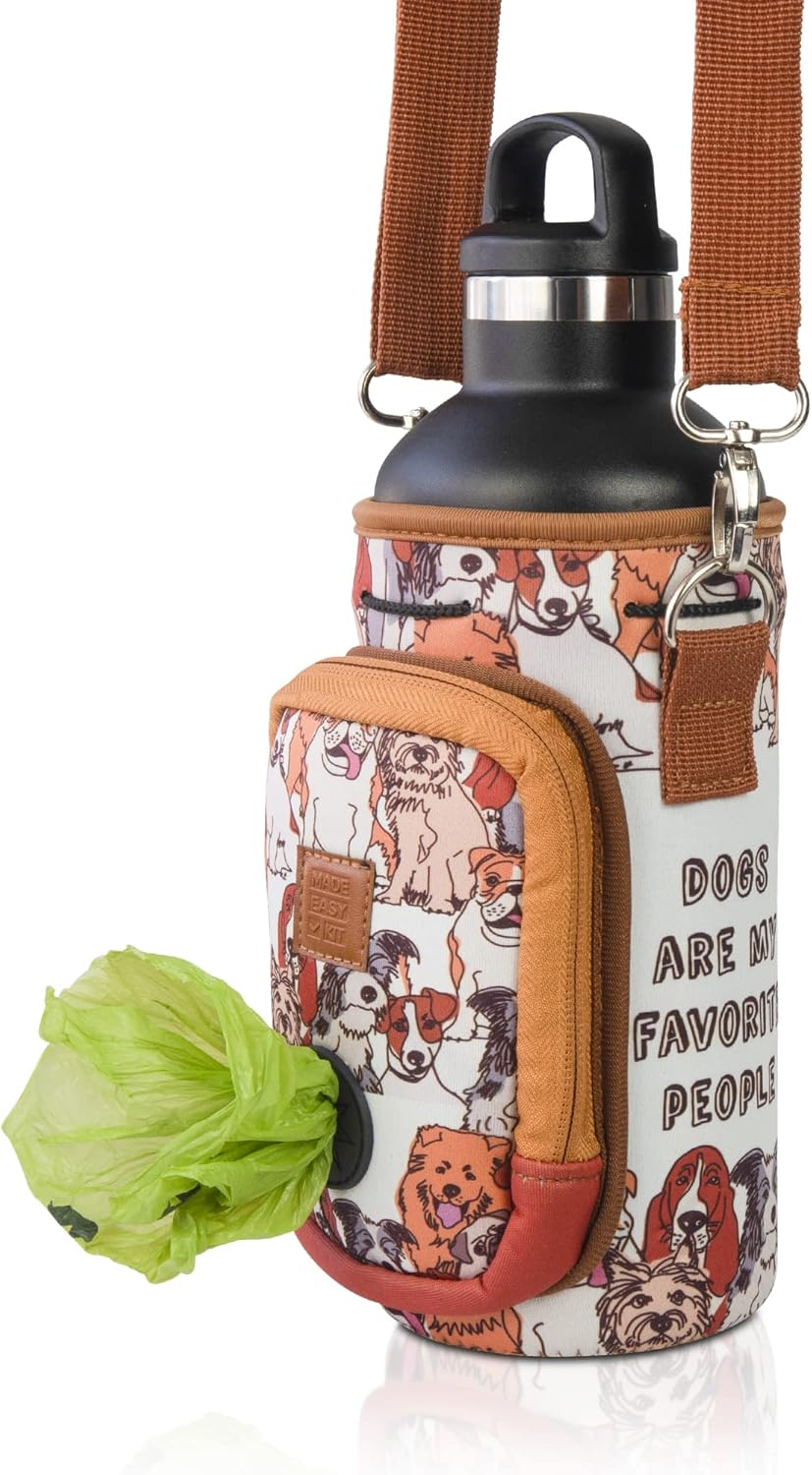 Made Easy Kit Water Bottle Carrier with Pocket for Dog Poop Waste Bags and Adjustable Padded Shoulder Strap (Large (32oz) with Bowl, Dog Lover, Brown) - Image 6