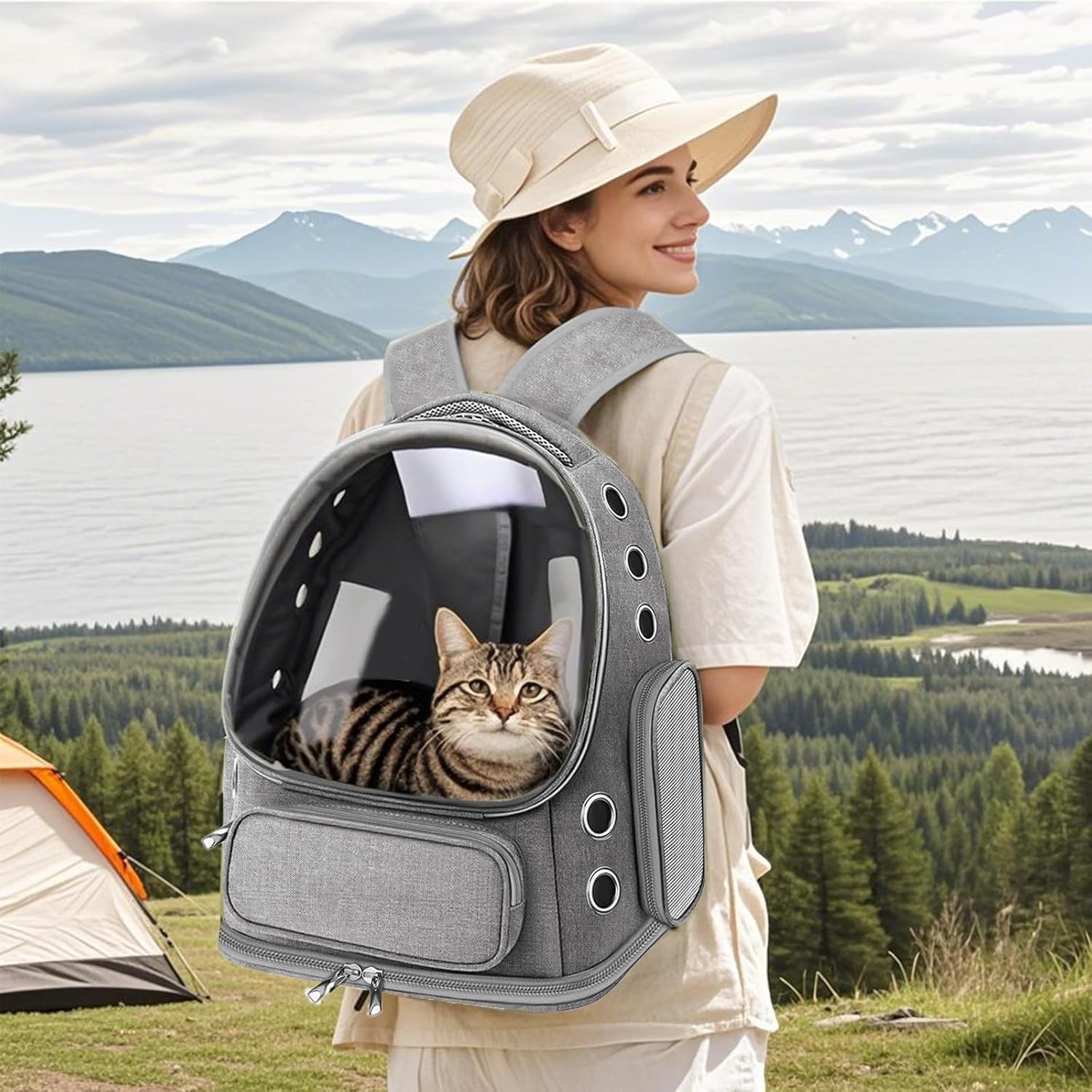 Cat Carrier with Groomer, Breathable Cat Bubble Carrier for Cats or Small Dogs up to 20 lbs, Collapsible Airline Approved, Clear Cat Travel Backpack (Grey) - Image 5