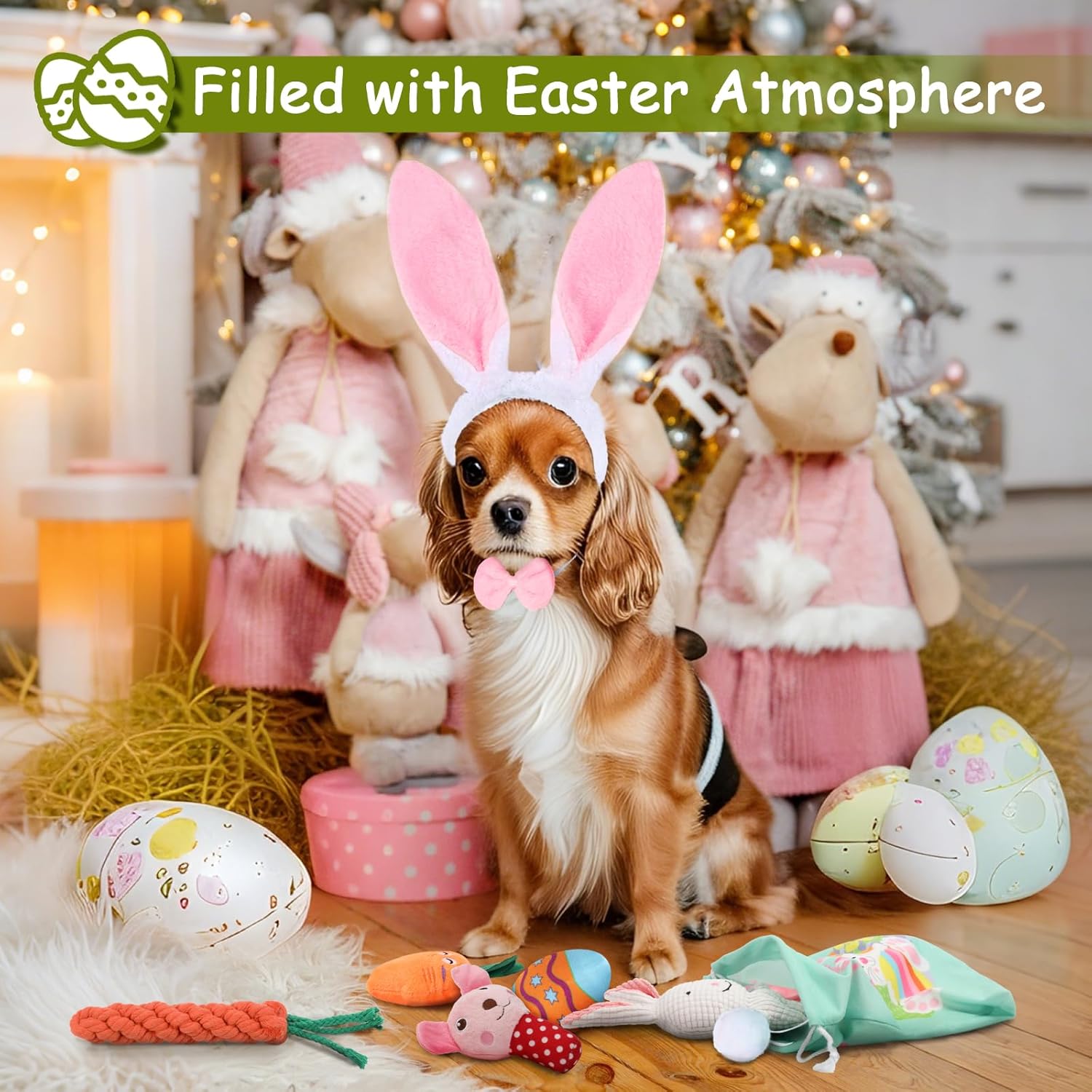 YUEPET 8 Pack Dog Easter Basket Stuffed Bunny Squeaky Toy Plush Chew Toys Eggs Carrot Rope Chicken Dog Ears Headband Bowtie Tail Easter Gift for Small Medium Dogs - Image 5