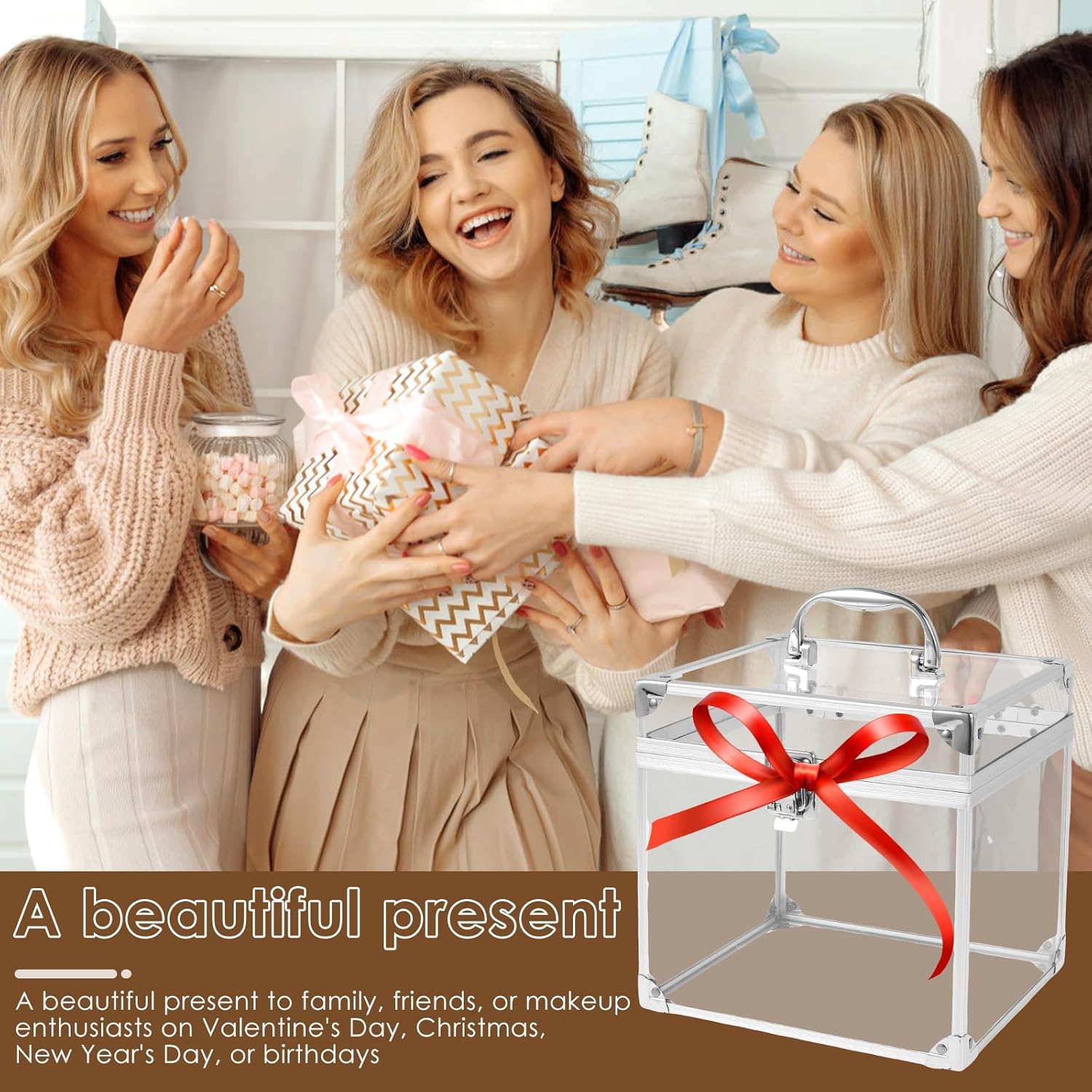 Crown Boxes for Pageants 7.9 X 6.7 X 7.5 In Clear Large capacity Makeup Train Case Cosmetic Case with Latches and Handle Toiletry Organizer Box Travel Makeup Tools Storage Organizer Box - Image 4