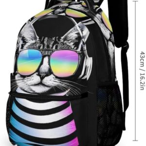 Backpack Lightweight Sunglasses Earphone Pet Animal Dj Cat Black Bookbag with Lunch Box Storage Bags Backpack Set Daypack with Lunch Bag and Cosmetic Bag
